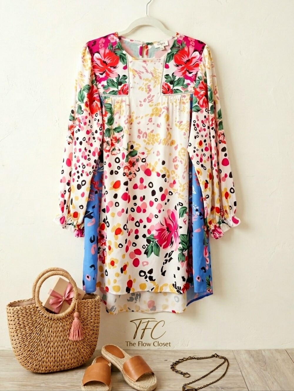 Umgee Floral Animal Print Boho Dress Mixed Media Size Large EUC